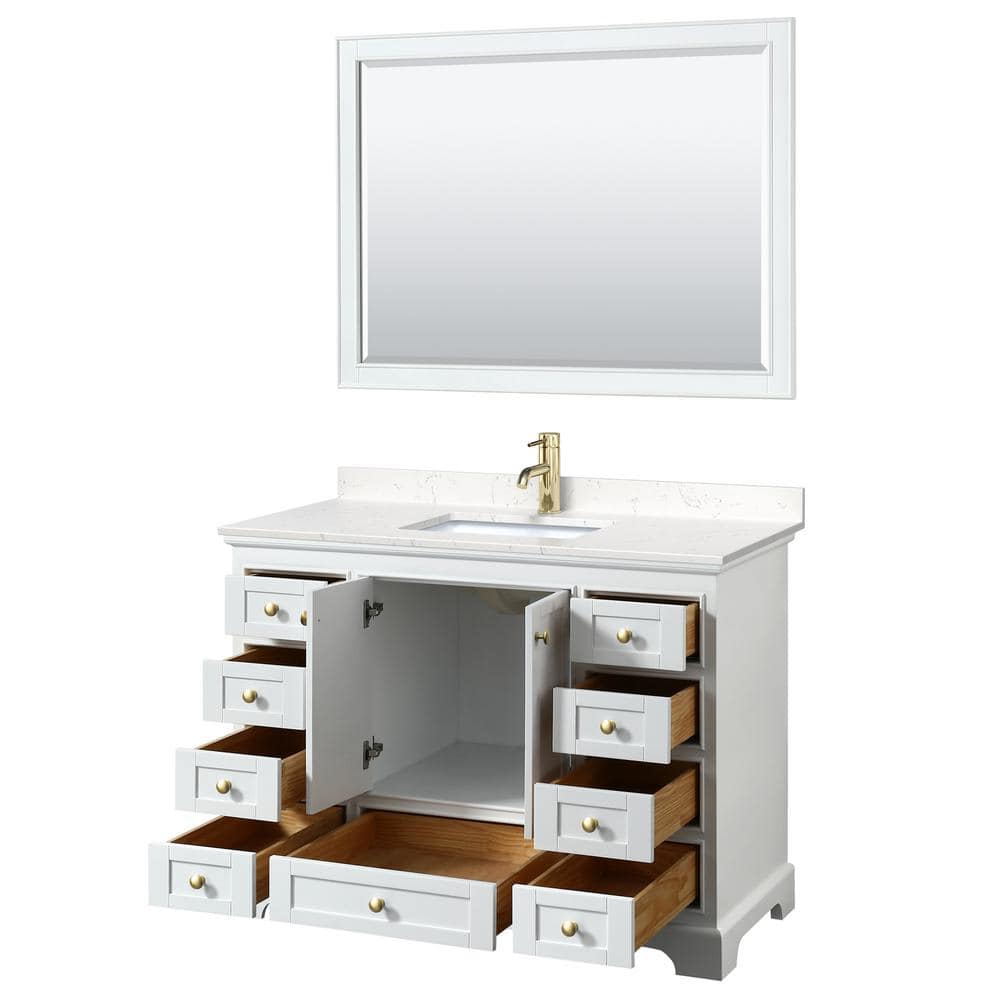 Deborah 48" White Vanity with Carrara Marble Top and Gold Hardware