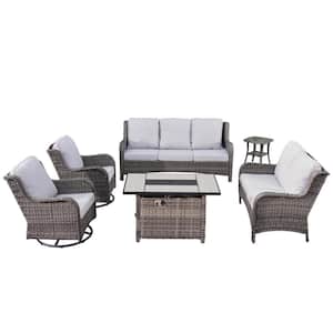 Vincent Gray 6-Piece Wicker Patio Rectangular Fire Pit Set with Gray Cushions and Swivel Rocking Chairs