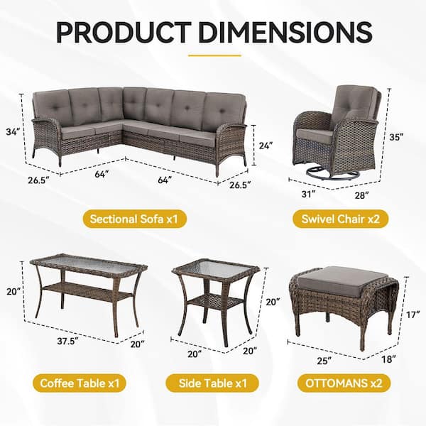 8-Piece Brown Wicker Outdoor Sectional Set with Olefin Gray Cushions and L-Shaped Sofa/Swivel Glider Chairs