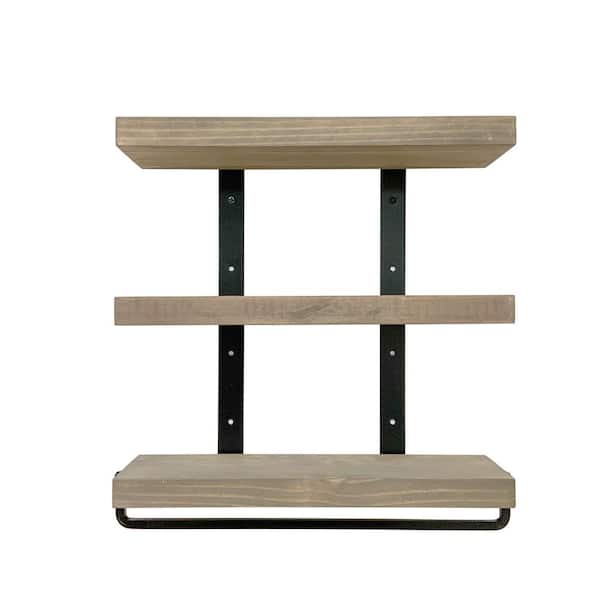 Unbranded Industrial 3-tier 5.5 in. x 20 in. x 23 in. Gray Pine Wood Floating Decorative Wall Shelf with Towel Bar