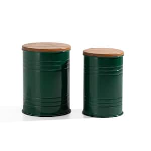 19.29 in. H Modern Hunter Green Metal Storage Stool or Accent Table with Solid Wood Lid (Set of 2)