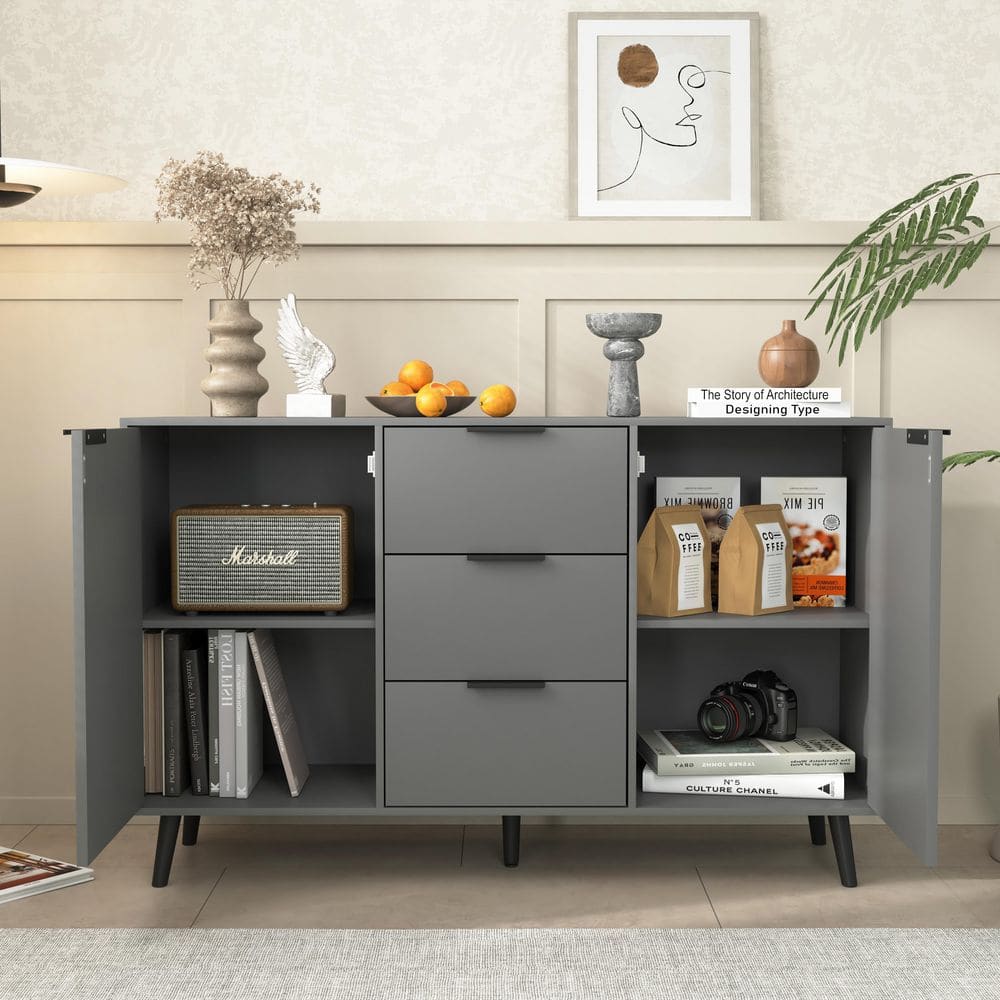 47.2 in. Gray Wood Kitchen Cabinet with 3 Drawers and 2 Doors-Storage Sideboard Buffet for Coffee Bar