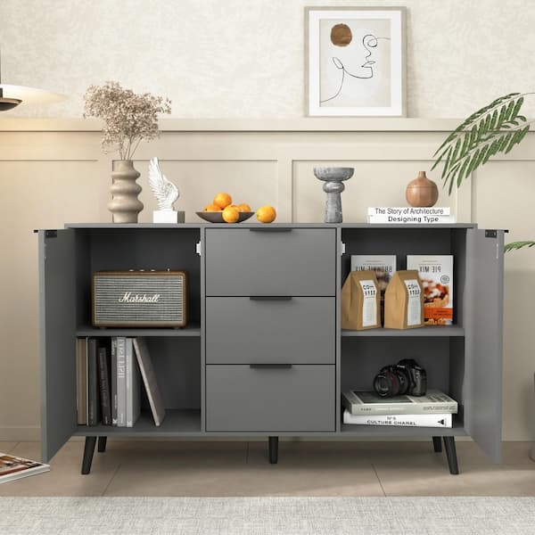 Tahanbath 47.2 in. Gray Wood Kitchen Cabinet with 3 Drawers and 2 Doors-Storage Sideboard Buffet for Coffee Bar