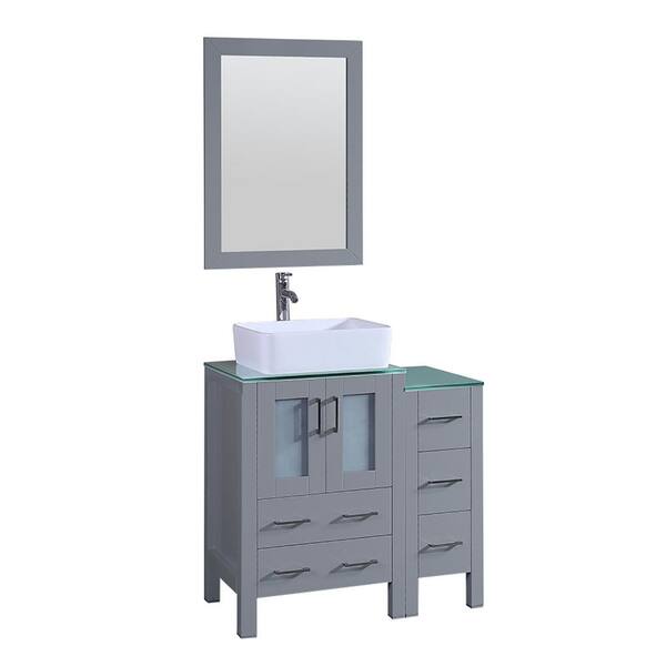 Bosconi 36 in. W Single Bath Vanity with Tempered Glass Vanity Top in Green with White Basin and Mirror