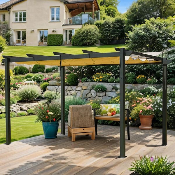 Peda 13 ft. x 10 ft. Beige-Tan Polyester Outdoor Patio Gazebo Steel Frame Grape Pergola with Retractable Shade Canopy