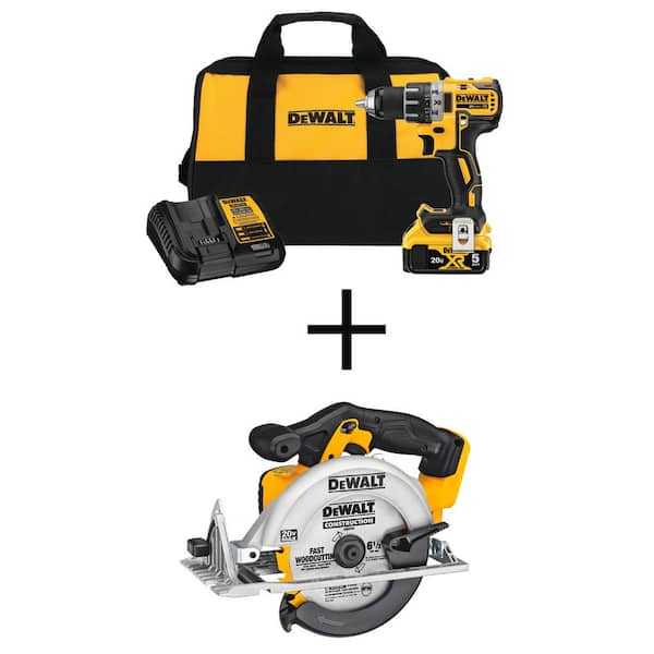 DEWALT 20V MAX XR Cordless Brushless 1/2 in. Drill/Driver, 6-1/2 in. Circular Saw, (1) 20V 5.0Ah Battery, and Charger
