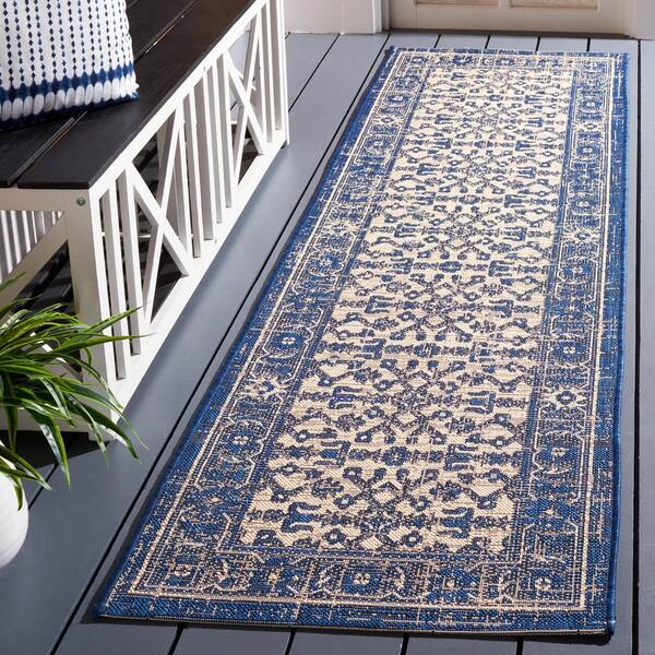 Courtyard Navy/Beige 2 ft. x 8 ft. Abstract Ornate Floral Indoor/Outdoor Runner Rug