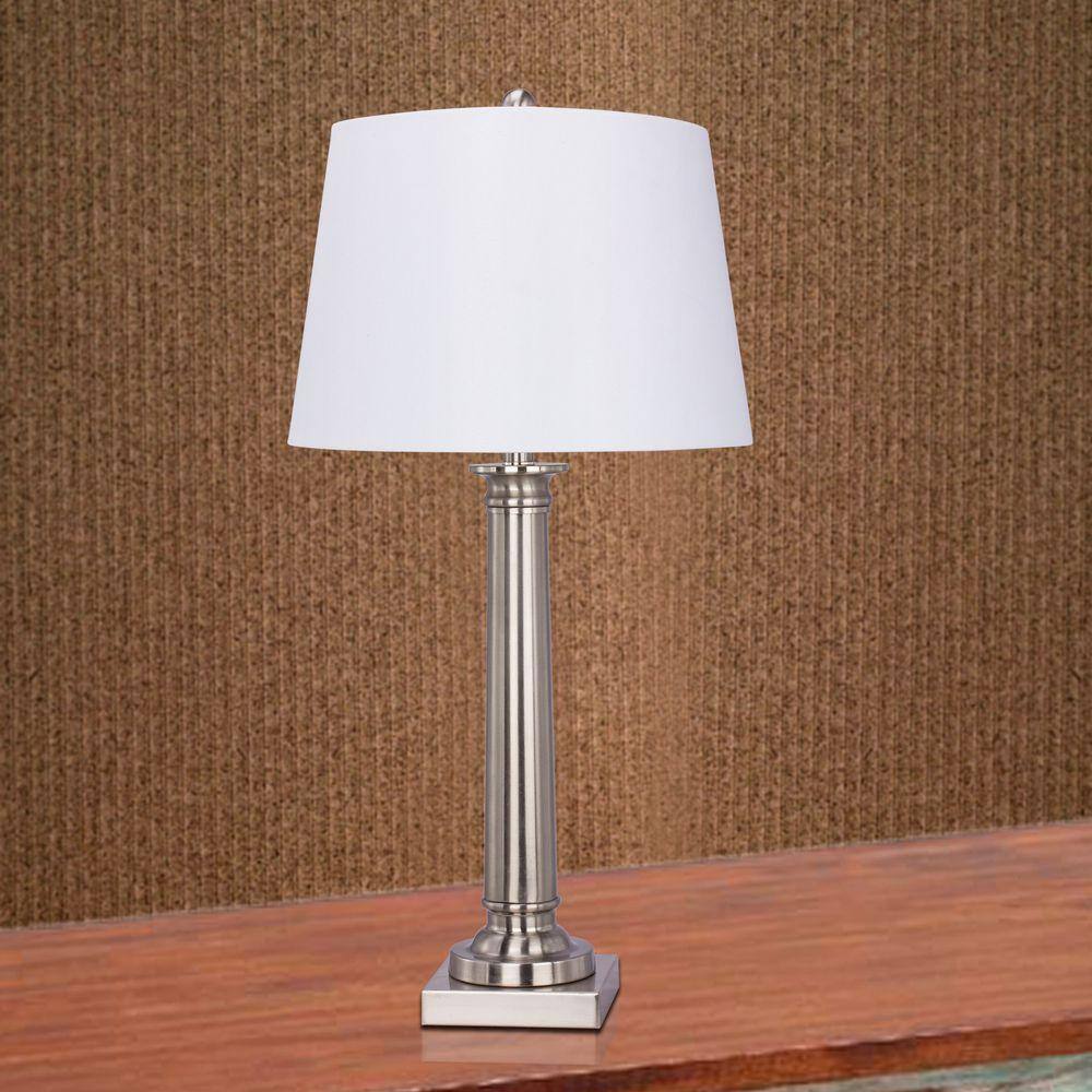 30.5" Brushed Steel Table Lamp with White Linen Shade