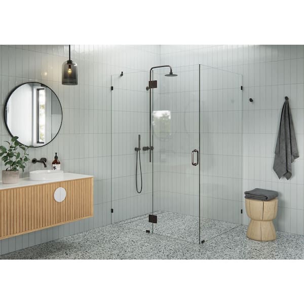 Glass Warehouse 55 in. W x 40 in. D x 78 in. H Pivot Frameless Corner Shower Enclosure in Oil Rubbed Bronze Finish with Clear Glass