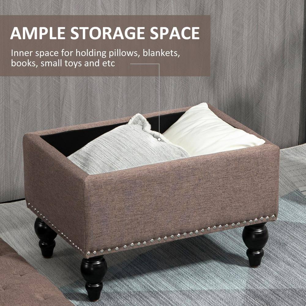 Taupe Tufted Fabric Ottoman with Turned Wood Legs