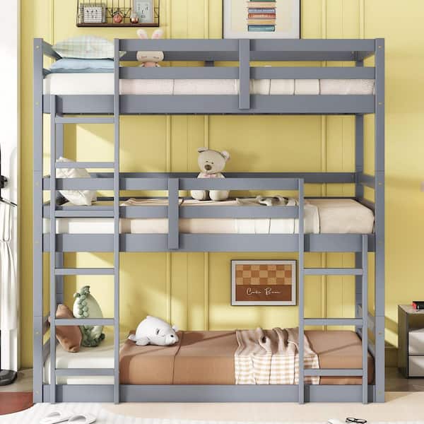 Gray Triple Twin Size Bunk Bed with Two Built-in Ladders and Guardrails
