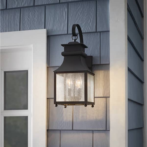 Rainbrook 18 in. 2-Light Matte Black Outdoor Wall Light Fixture Sconce with Seeded Glass