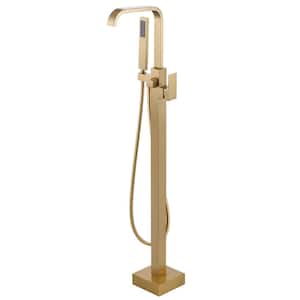 1-Handle Free Standing Tub Faucet with Hand Shower in Brushed Gold