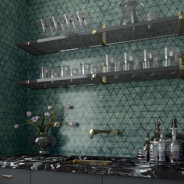 Williamsburg Green 10.62 in. x 14.56 in. Triangle Glossy Lava Stone Mosaic Floor and Wall Tile (1.07 sq. ft./Each)