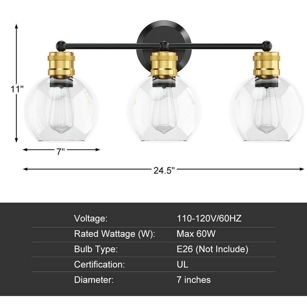 Black and Gold 24.5" Modern 3-Light Vanity Sconce with Clear Glass Shades