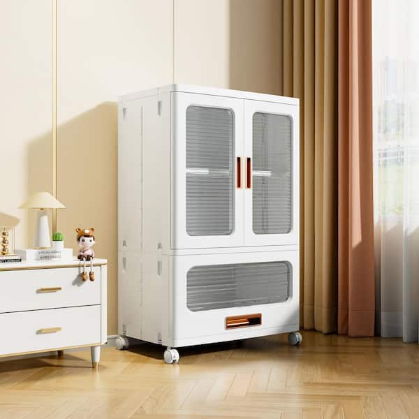 33.27 in. Stackable Accent Storage Cabinet with Doors and Wheels, Adjustable Shelves, Modern White Organizer Size 3