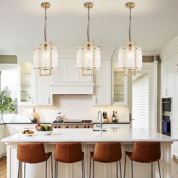 60-Watt 1-Light Brass Mini Pendant Light with Water Ripple Acrylic Shade and Adjustable Chain for Kitchen Island
