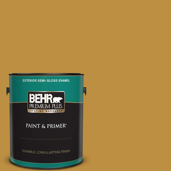 BEHR PREMIUM PLUS 1 gal. #340D-6 Fervent Brass Semi-Gloss Enamel Exterior Paint & Primer