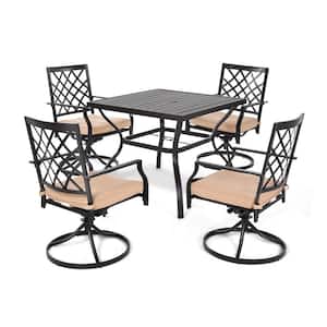 Black 5-Piece Metal Outdoor Dining Set Bistro Set Table and Swivel Dining Chairs with Beige Cushions