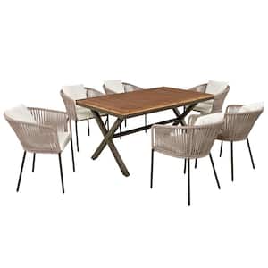 7-Piece Metal Outdoor Dining Set with Acacia Wood Tabletop Dining Table and Chairs, Khaki Rope and Beige Cushions