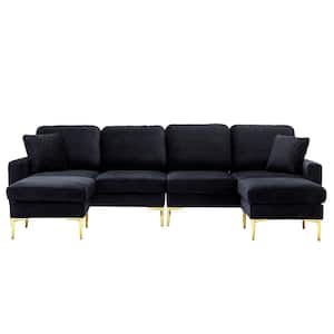 114 in. 4-piece U-Shape Black Velvet Modern Upholstered Sectional Sofa with 2-Removable Ottomans