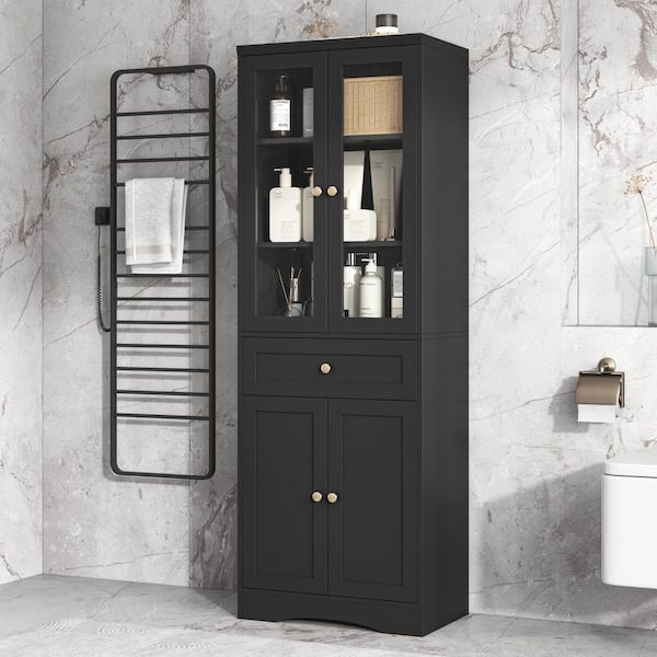 23 in. W x 15 in. D x 67 in. H Black Freestanding Linen Cabinet, Tall Bathroom Storage Cabinet with Adjustable Shelf