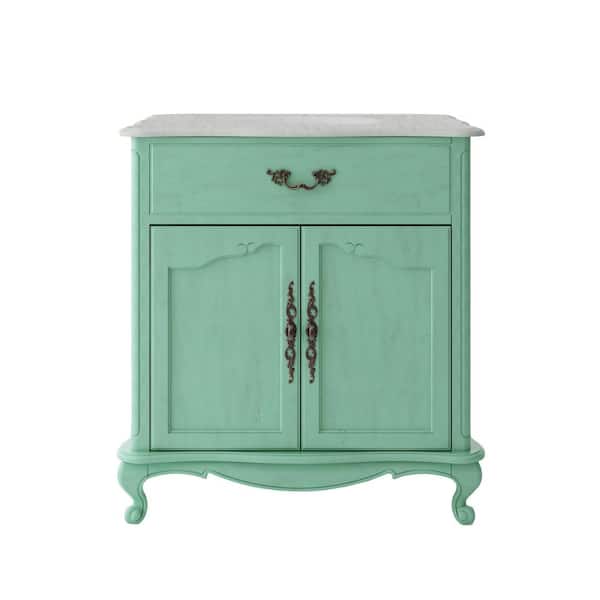 Provence 33 in. Single Sink Vintage Turquoise Bath Vanity with White Marble Top (Assembled)
