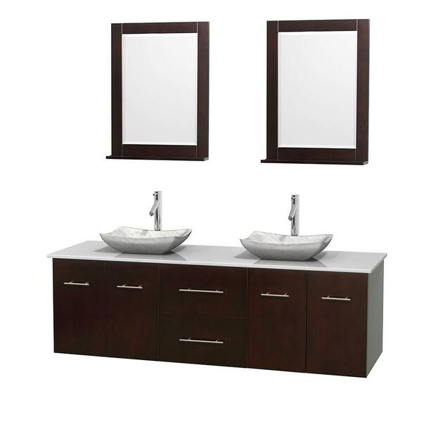 Wyndham Collection Centra 72 in. Double Vanity in Espresso with Solid-Surface Vanity Top in White, Carrara Marble Sinks and 24 in. Mirror