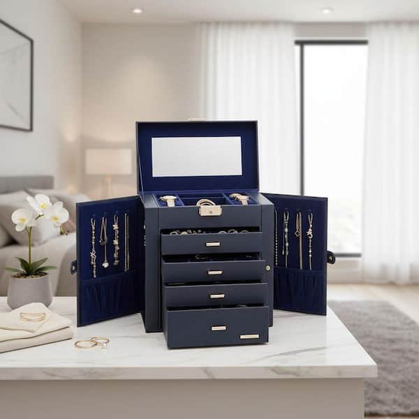 Faux Leather Jewelry Box Mirrored, Dark Blue YA052 - The Home Depot