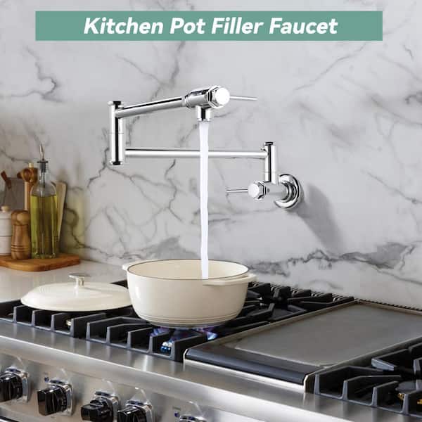 Wall Mounted Double Handle Folding Stretchable Brass Pot Filler Kitchen Faucet with Double Joint Swing Arm in Chrome