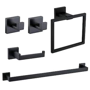 Square 5-Piece Bath Hardware Set with 24 in. Towel Bar Set Hand Towel Holder Towel/Robe Hook in Black