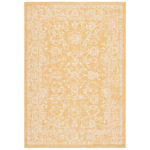 Courtyard Gold/Ivory 7 ft. x 10 ft. Border Floral Scroll Indoor/Outdoor Patio  Area Rug