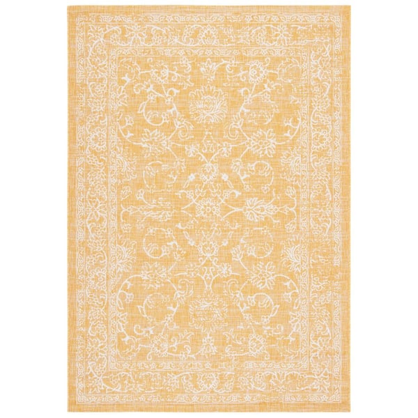 Courtyard Gold/Ivory 8 ft. x 10 ft. Border Floral Scroll Indoor/Outdoor Patio  Area Rug