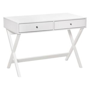 42 in. Rectangular White Composite 2-Drawers Writing Desk with X-shaped Leg