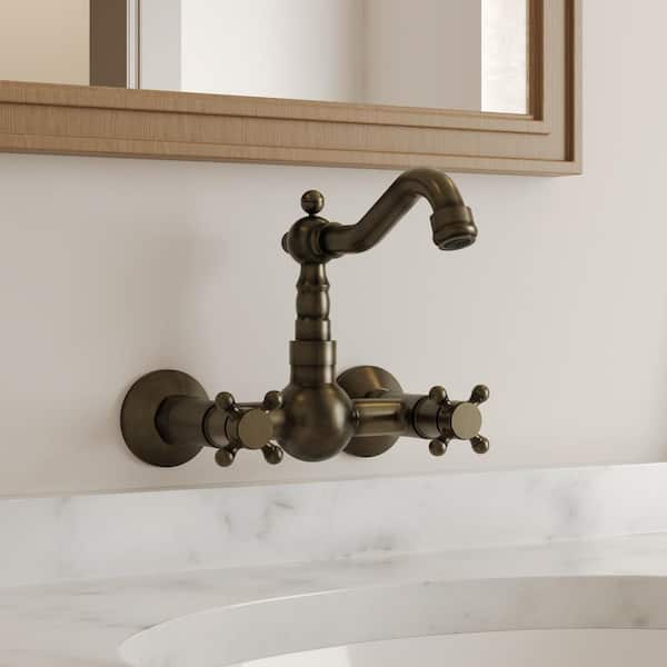 2-Handle Wall Mounted Faucet Bathroom Faucet in Brushed Antique Brass Drain Not Included