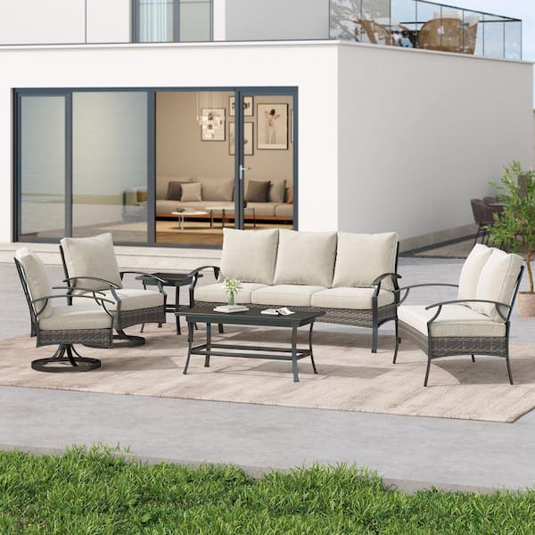 Black 6-Piece Wicker Patio Conversation Sofa and Loveseat and Single Chairs Set and Coffee Table With Beige Cushions