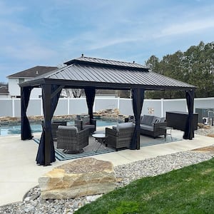 12 ft. x 20 ft. Patio Outdoor Gazebo for Backyard Hardtop Galvanized Steel Frame with Balls, Navy Blue