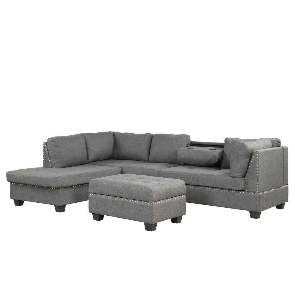 104.5 in. Square Arm Linen L-Shaped Sofa with Storage Ottoman Rivet Ornament L-shape Couch in. Gray
