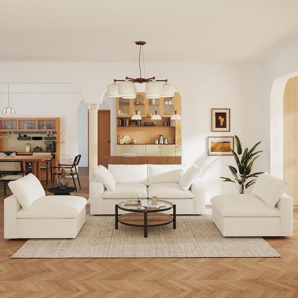 4-Piece Cloud Couch Set Down Filled White Linen Sofa and Loveseat Living Room Set with Detachable Covers for Apartment