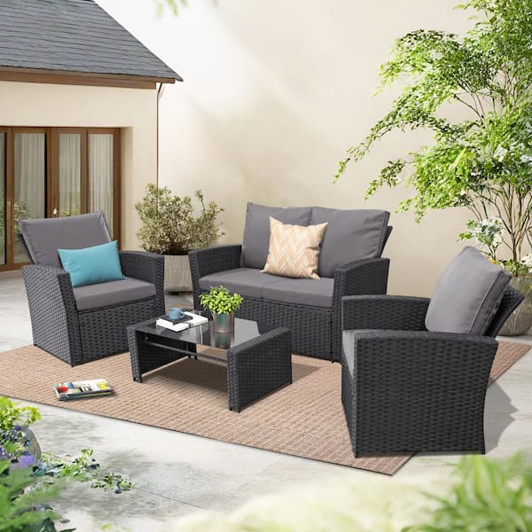 Gray 6-Piece Wicker Outdoor Patio Conversation Set With Cushion Guard Gray Cushions