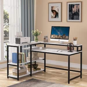 Ariana 55 in. L-Shaped Black Metal White Wood Top Corner Computer Desk with Monitor Stand and Storage Shelf