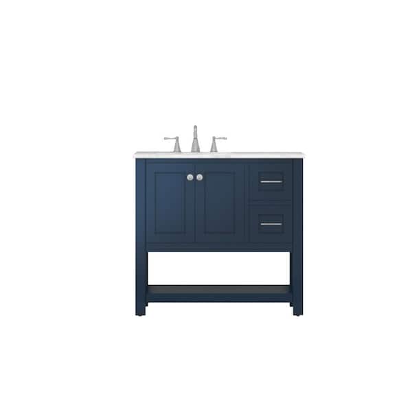 Alya Bath Wilmington 36 in. W x 34.2 in. H x 22 in. D Bath Vanity in Blue with Marble Vanity Top in White with White Basin