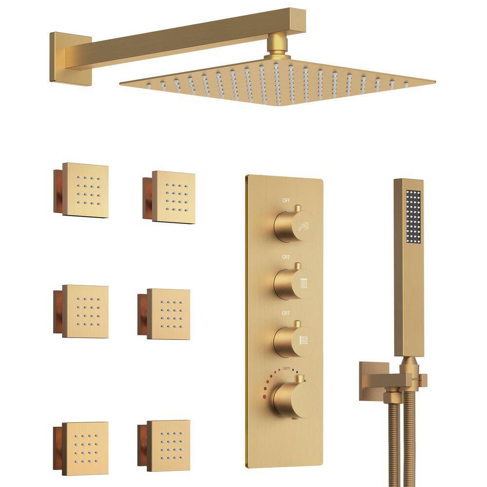 12 in. 7-Spray Wall Mount Dual Fixed and Handheld Shower Head Thermostatic 2.5 GPM in Brushed Gold Valve Included price history on PriceWatchPro