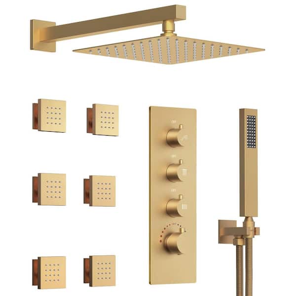 Thermostatic Shower 7-Spray Wall Mount 12 in. Fixed and Handheld Shower Head 2.5 GPM in Brushed Gold Valve Included