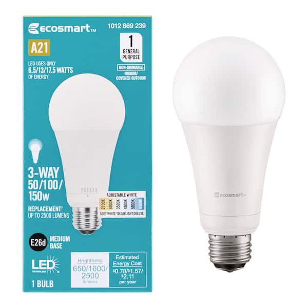 50/100/150-Watt Equivalent 3-Way A21 Non-Dimmable LED Light Bulb Selectable Color Temperature (1-Pack)
