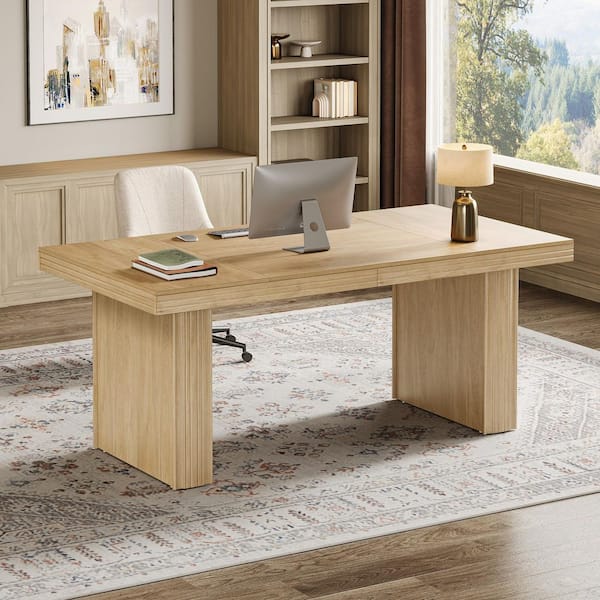 Moronia 63 in. Rectangle Natural Wood Executive Desk with Spacious Desktop, Large Home Office Desk with Fluted Line