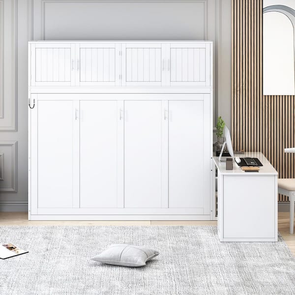 White Wood Frame Queen Size Murphy Bed with Desk and Storage Shelves and Big Cabinets