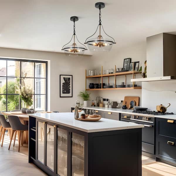 14 in. Modern 3-Light Brass Gold Chandelier Light, Black Pendant Light with Clear Glass, Bowl Hanging Ceiling Light