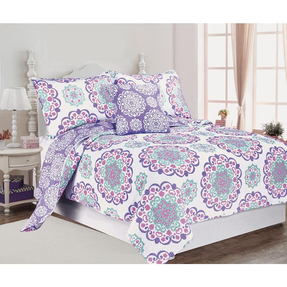 Vivian Purple Reversible Cotton Full Quilt Set