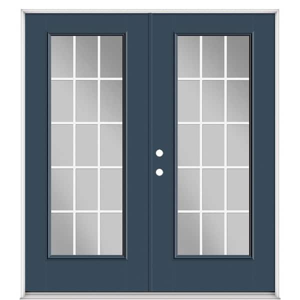 Masonite 72 in. x 80 in. Night Tide Fiberglass Prehung Right-Hand Inswing GBG 15-Lite Clear Glass Patio Door with Vinyl Frame